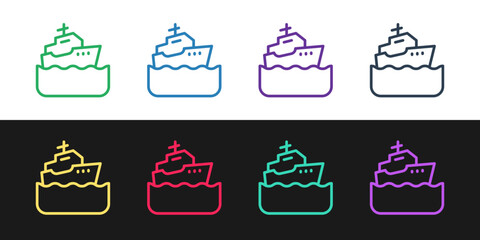 Set line Cruise ship icon isolated on black and white background. Travel tourism nautical transport. Voyage passenger ship, cruise liner. Worldwide cruise. Vector