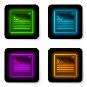Glowing neon line Software, web developer programming code icon isolated on white background. Javascript computer script random parts of program code. Black square button. Vector