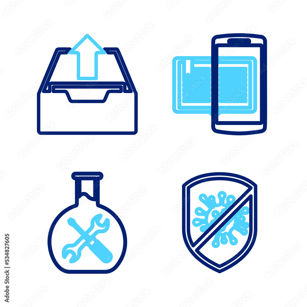 Poster set line stop virus, bacteria, bioengineering service, smartphone and book and upload inbox icon. ve