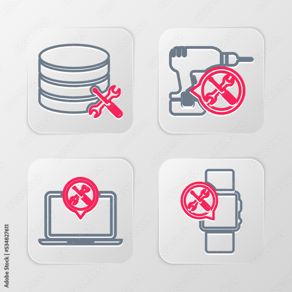 Poster set line smartwatch service, laptop, drill machine and database server icon. vector