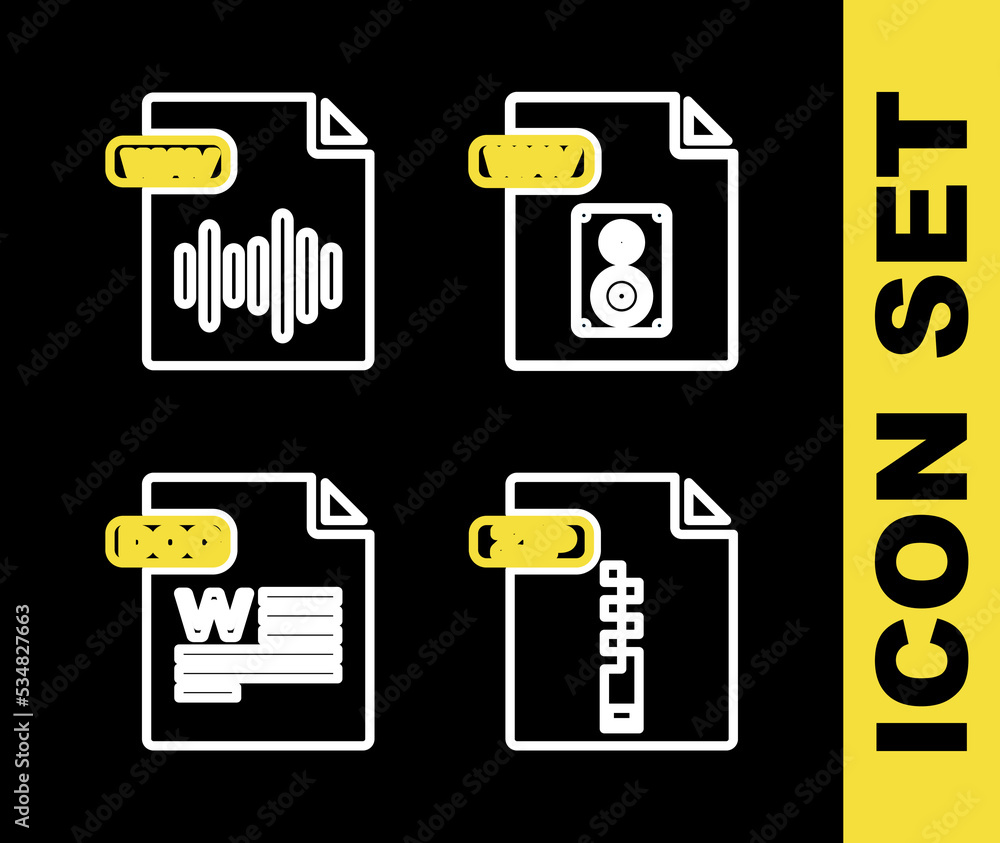 Poster set line wav file document, zip, doc and icon. vector