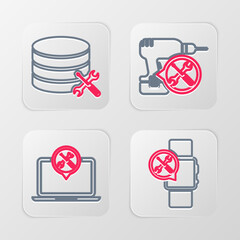 Set line Smartwatch service, Laptop, Drill machine and Database server icon. Vector