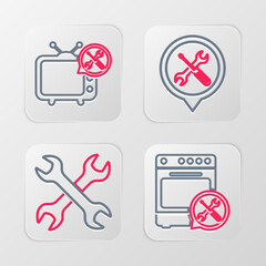 Set line Oven service, Crossed wrenchs, Location and Tv icon. Vector