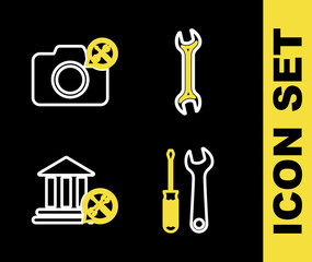 Fototapeta na wymiar Set line Wrench, Screwdriver and wrench, Bank building service and Photo camera icon. Vector