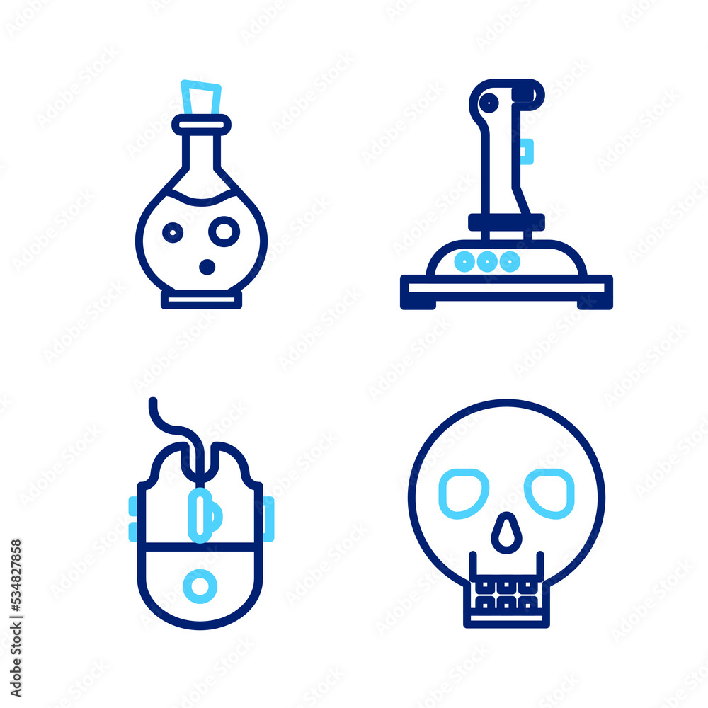 Poster set line skull, computer mouse gaming, joystick for arcade machine and bottle with magic elixir icon