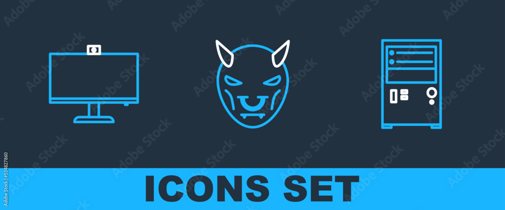 Poster set line computer, monitor and mask of the devil with horns icon. vector