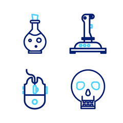 Set line Skull, Computer mouse gaming, Joystick for arcade machine and Bottle with magic elixir icon. Vector