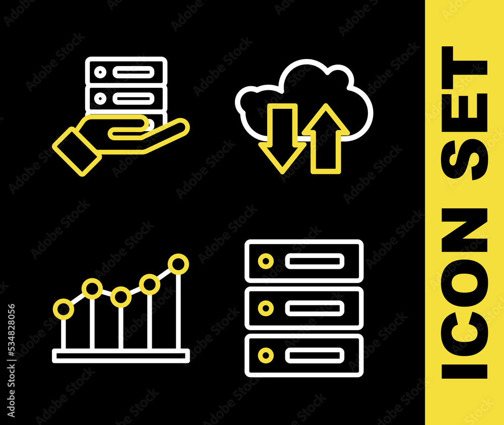 Poster set line cloud download and upload, server, data, web hosting, pie chart infographic and icon. vecto