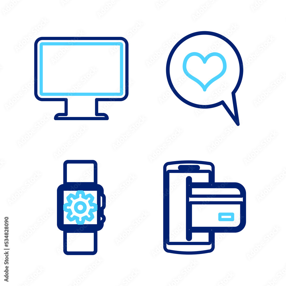 Poster Set line NFC Payment, Smartwatch setting, Heart speech bubble and Computer monitor screen icon. Vector