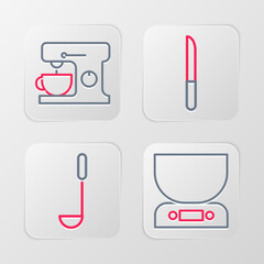Set line Electronic scales, Kitchen ladle, Knife and Electric mixer icon. Vector