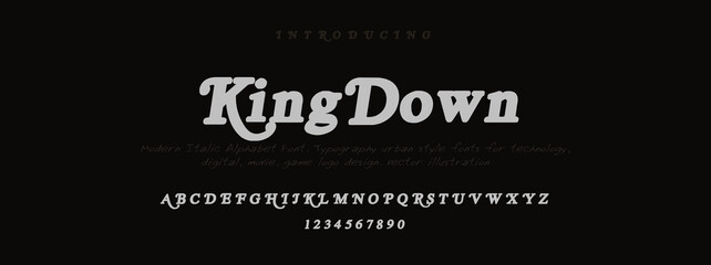 KINGDOWN  Elegant alphabet letters font and number. Classic Lettering Minimal Fashion Designs. Typography modern serif fonts decorative vintage design concept. vector illustration