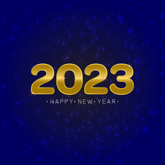 Gold color 2023 number and Happy New Year congratulation on starry blue background. 2023 Happy new year greeting on starry blue background. Vector illustration.