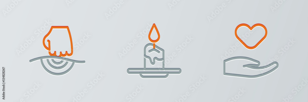 Sticker set line heart in hand, massage and aroma candle icon. vector