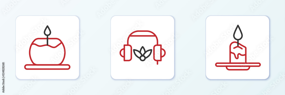 Poster Set line Aroma candle, and Headphones for meditation icon. Vector