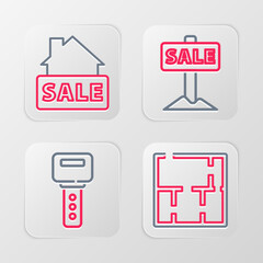 Set line House plan, key, Hanging sign with Sale and icon. Vector