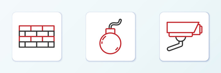 Set line Security camera, Firewall, security wall and Bomb ready to explode icon. Vector