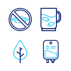 Set line IV bag, Leaf, Cup of tea and leaf and Food no diet icon. Vector