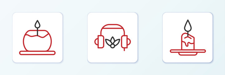 Set line Aroma candle, and Headphones for meditation icon. Vector