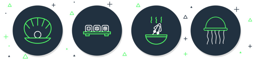 Set line Sushi on cutting board, Soup with octopus, Shell pearl and Jellyfish icon. Vector