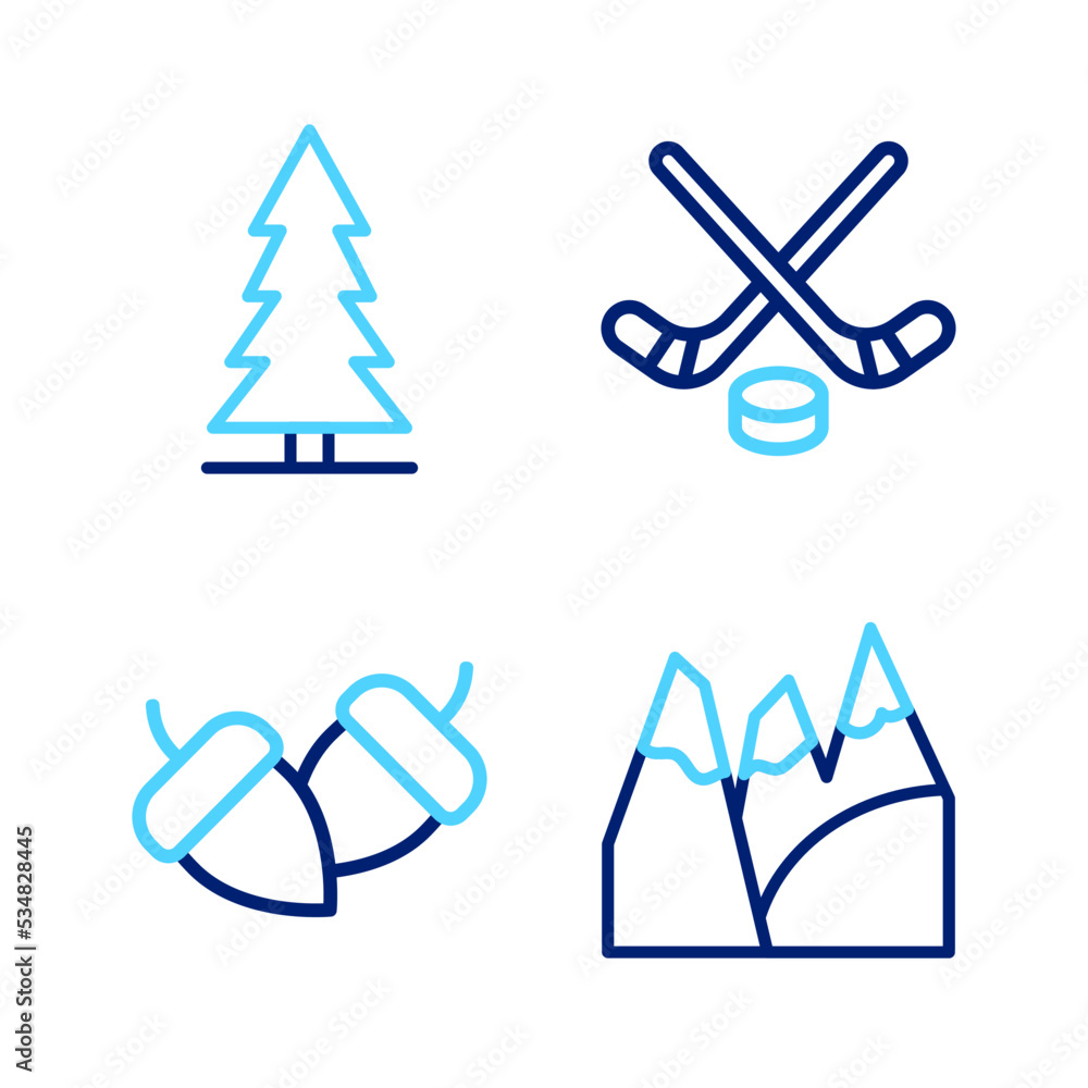 Sticker set line mountains, acorn, ice hockey sticks and puck and canadian spruce icon. vector