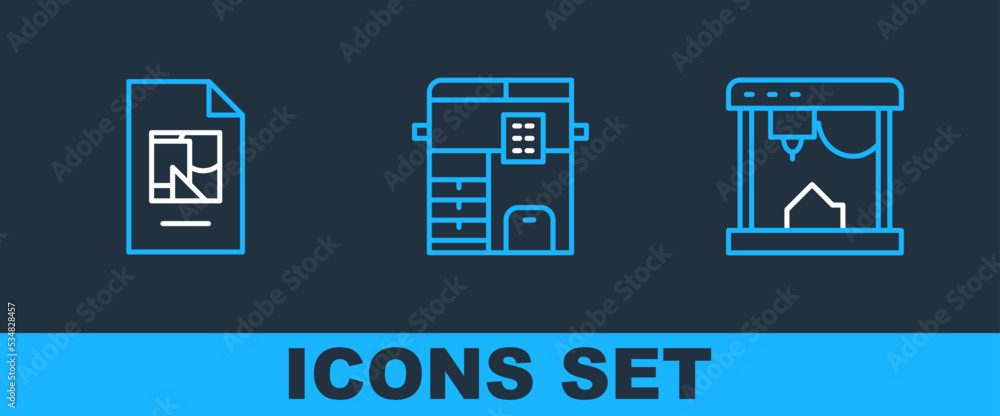 Poster set line 3d printer, file document and copy machine icon. vector
