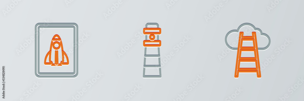 Poster set line stair with finish flag, startup project concept and lighthouse icon. vector