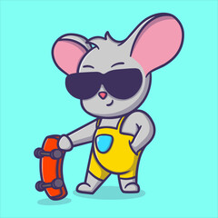 Cute cool mouse holding skateboard cartoon vector icon illustration