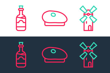 Set line Windmill, Bottles of wine and French beret icon. Vector