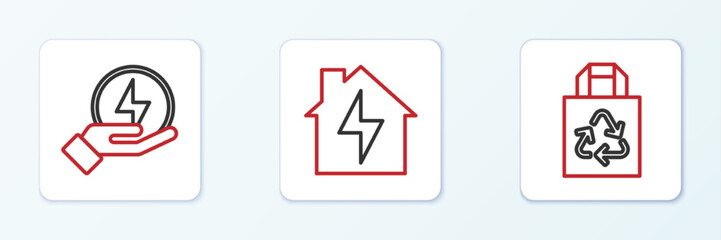 Set line Paper bag with recycle, Lightning bolt and House and lightning icon. Vector