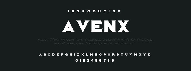 AVENX Sports minimal tech font letter set. Luxury vector typeface for company. Modern gaming fonts logo design.