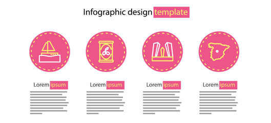 Set line Gate of Europe, Map Spain, Olives can and Yacht sailboat icon. Vector
