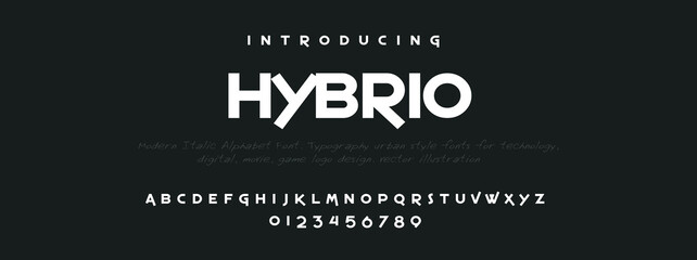 HYBRIO Sports minimal tech font letter set. Luxury vector typeface for company. Modern gaming fonts logo design.