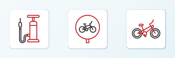Set line Bicycle, air pump and icon. Vector