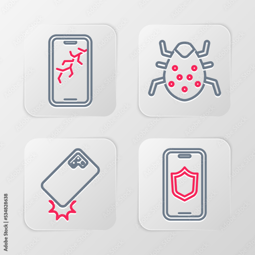 Poster set line mobile with shield, shockproof phone, system bug and broken screen icon. vector