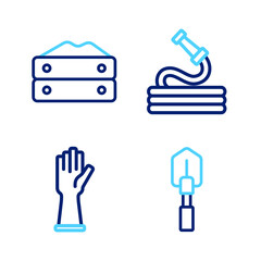 Set line Shovel, Rubber gloves, Garden hose and Bag of flour icon. Vector