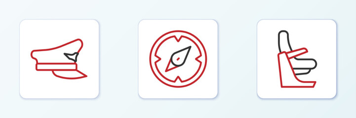 Obraz premium Set line Airplane seat, Pilot hat and Compass icon. Vector