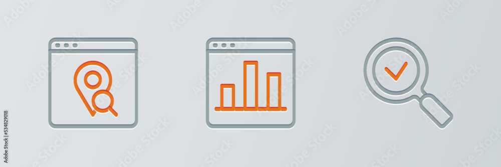 Poster set line magnifying glass with check mark, infographic of city map and graph chart infographic icon.