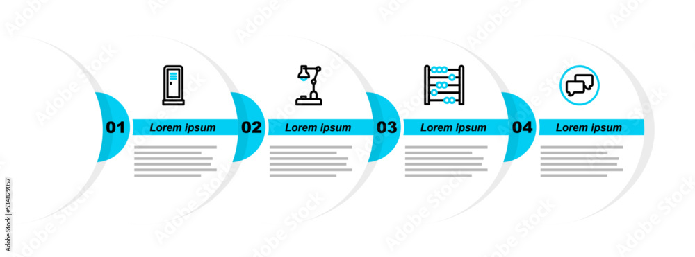 Poster set line speech bubble chat, abacus, table lamp and locker or changing room icon. vector