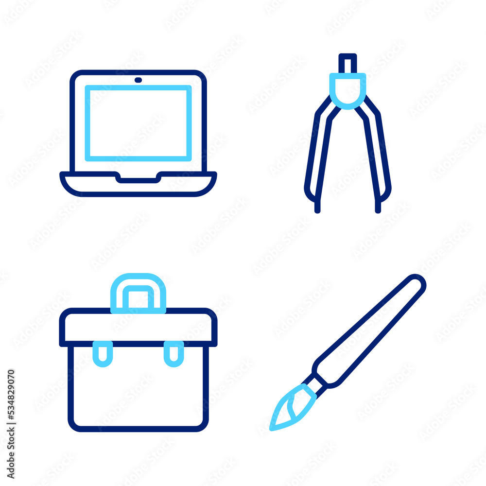 Sticker set line paint brush, briefcase, drawing compass and laptop icon. vector