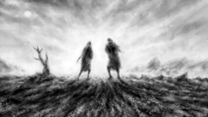 Obraz na płótnie Canvas Two people walking on scorched earth. Gloomy silhouettes. Dead lands with ruins spooky illustration. Horror fantasy genre. Gloomy character from nightmares. Coal noise effect. Black white background.