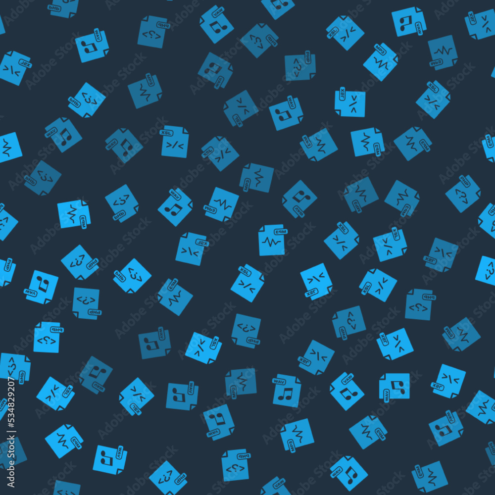 Poster set wav file document, xsl, mp3 and php on seamless pattern. vector