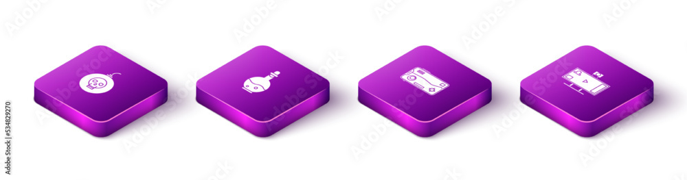 Poster set isometric bomb ready to explode, bottle with magic elixir, mobile and playing in game and live s