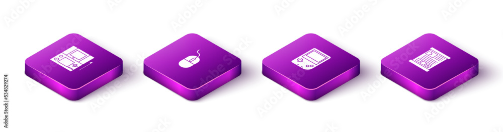 Poster set isometric portable video game console, computer mouse, and game guide icon. vector