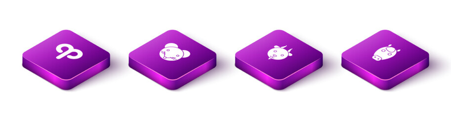 Set Isometric Aries zodiac, Rat, and Horse icon. Vector