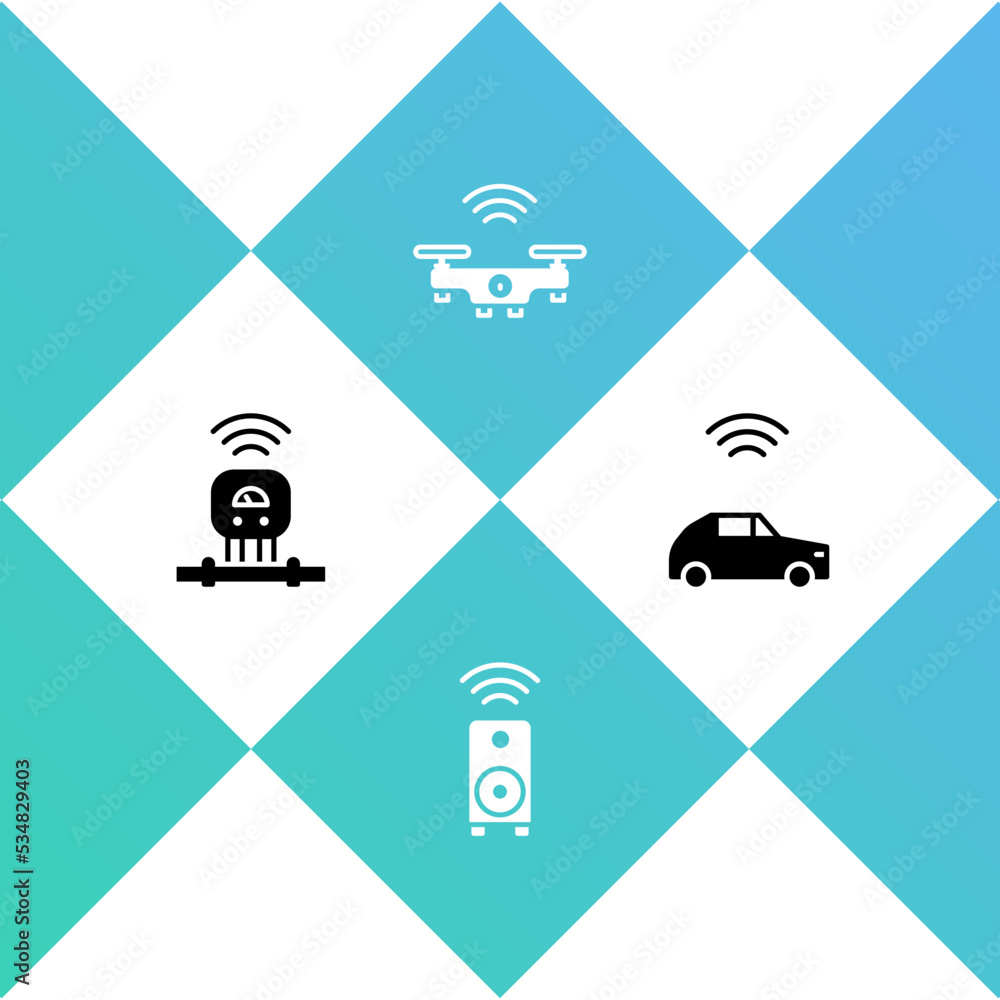 Sticker Set Smart sensor, stereo speaker, drone and car system with wireless icon. Vector