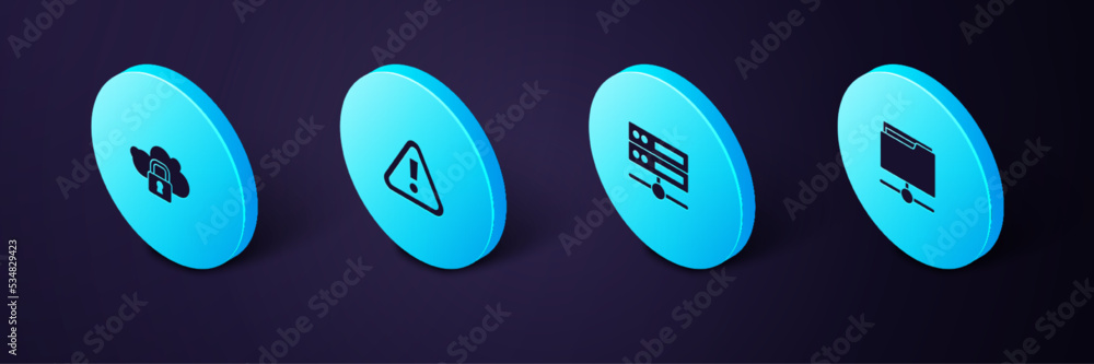 Poster set isometric ftp folder, server, data, web hosting, exclamation mark triangle and cloud computing l