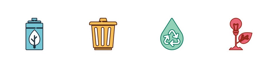 Set Eco nature leaf and battery, Trash can, Recycle clean aqua and Light bulb with icon. Vector