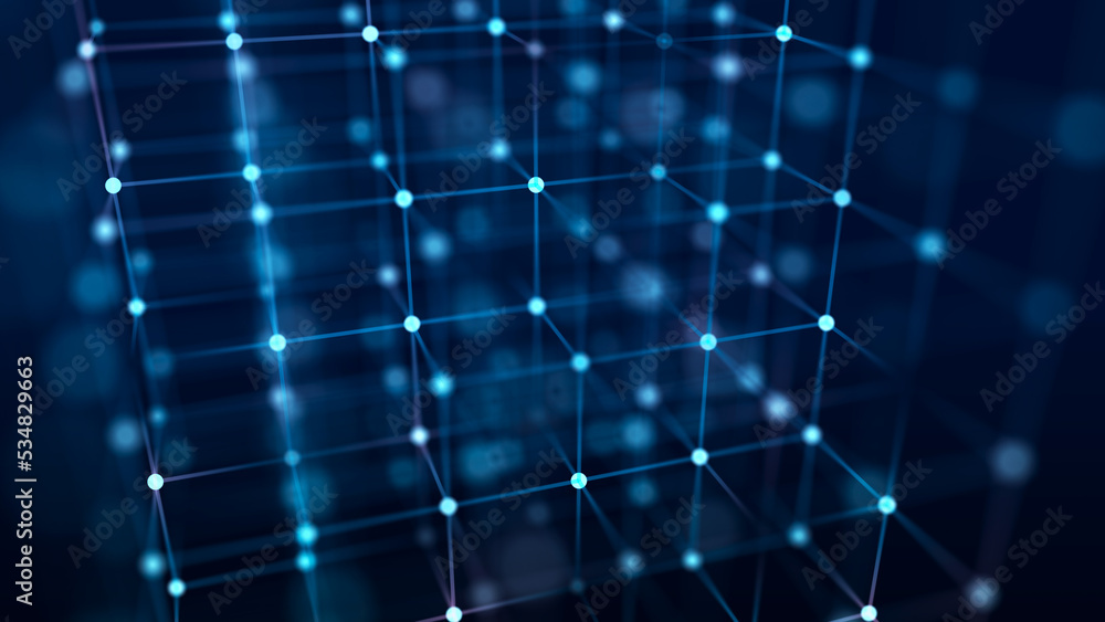 Poster big data visualization. network connection structure with chaotic distribution of points and lines. 