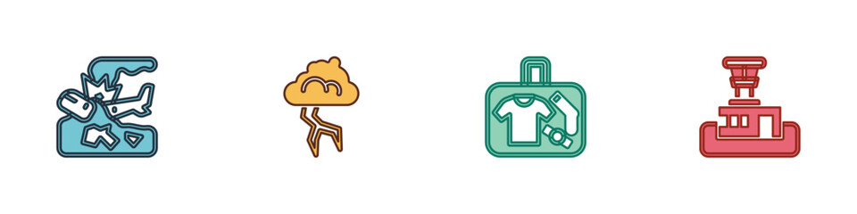 Set Plane crash, Storm, Suitcase and Airport control tower icon. Vector