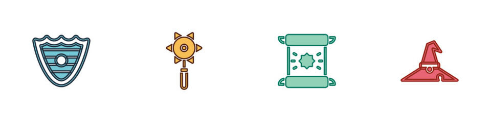 Set Shield, Medieval chained mace ball, Decree, parchment, scroll and Witch hat icon. Vector